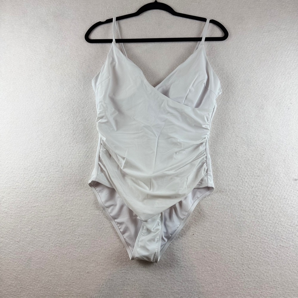 White Surplice Wrap One Piece Swimsuit Ruched Side Cutout Back Large
